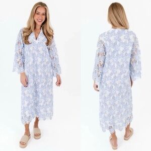 J. Marie Women’s Maggie Light Blue White Lace Midi Dress Kaftan 3/4 Sleeve NWT